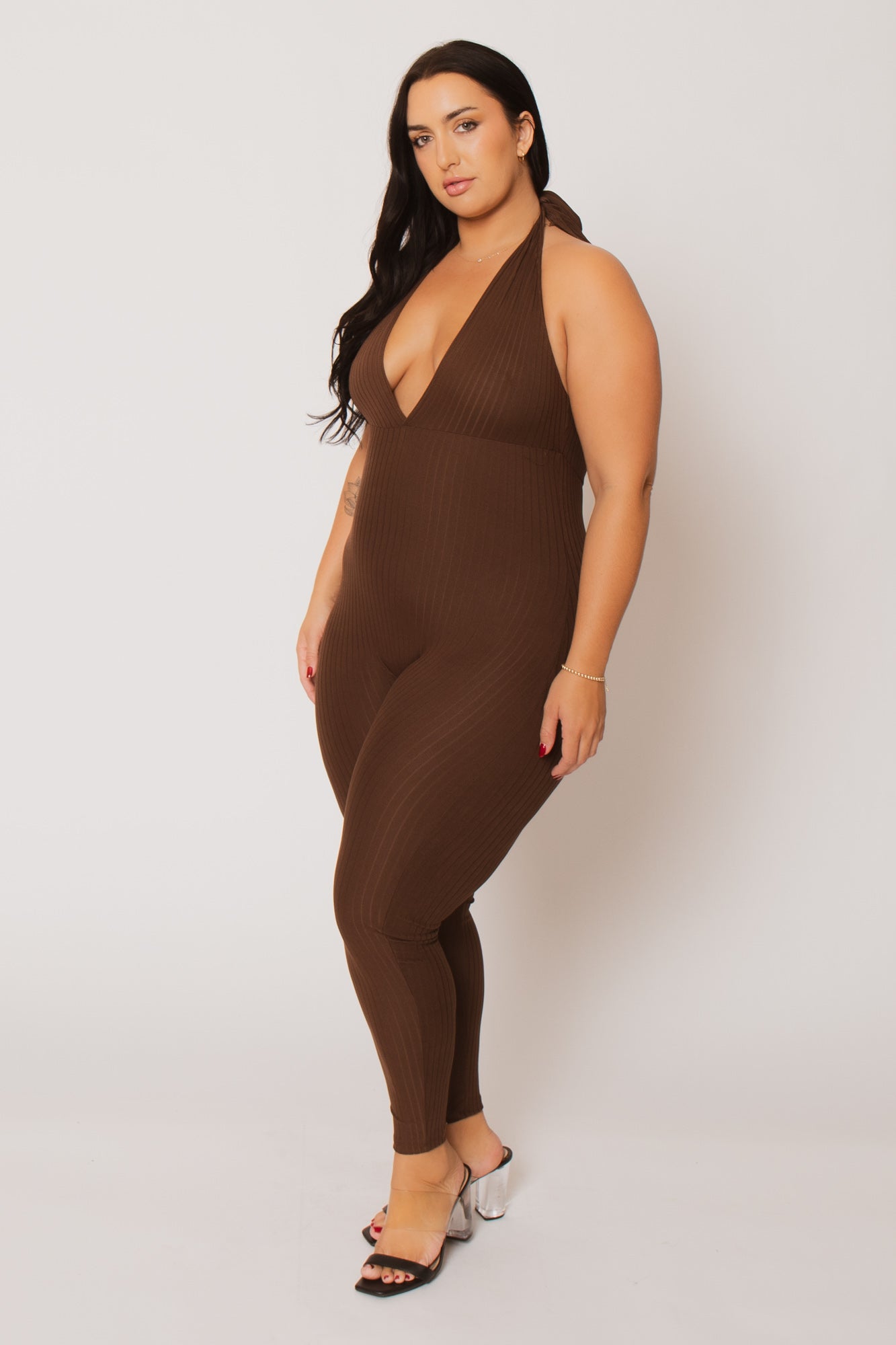 Plus Size Kiana Rib  Jumpsuit - Brown
