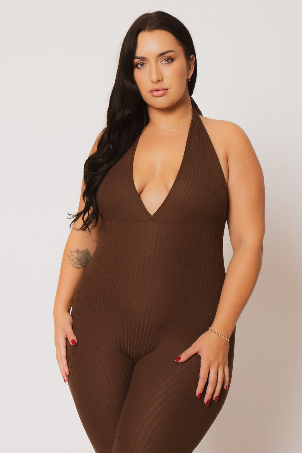 Plus Size Kiana Rib  Jumpsuit - Brown
