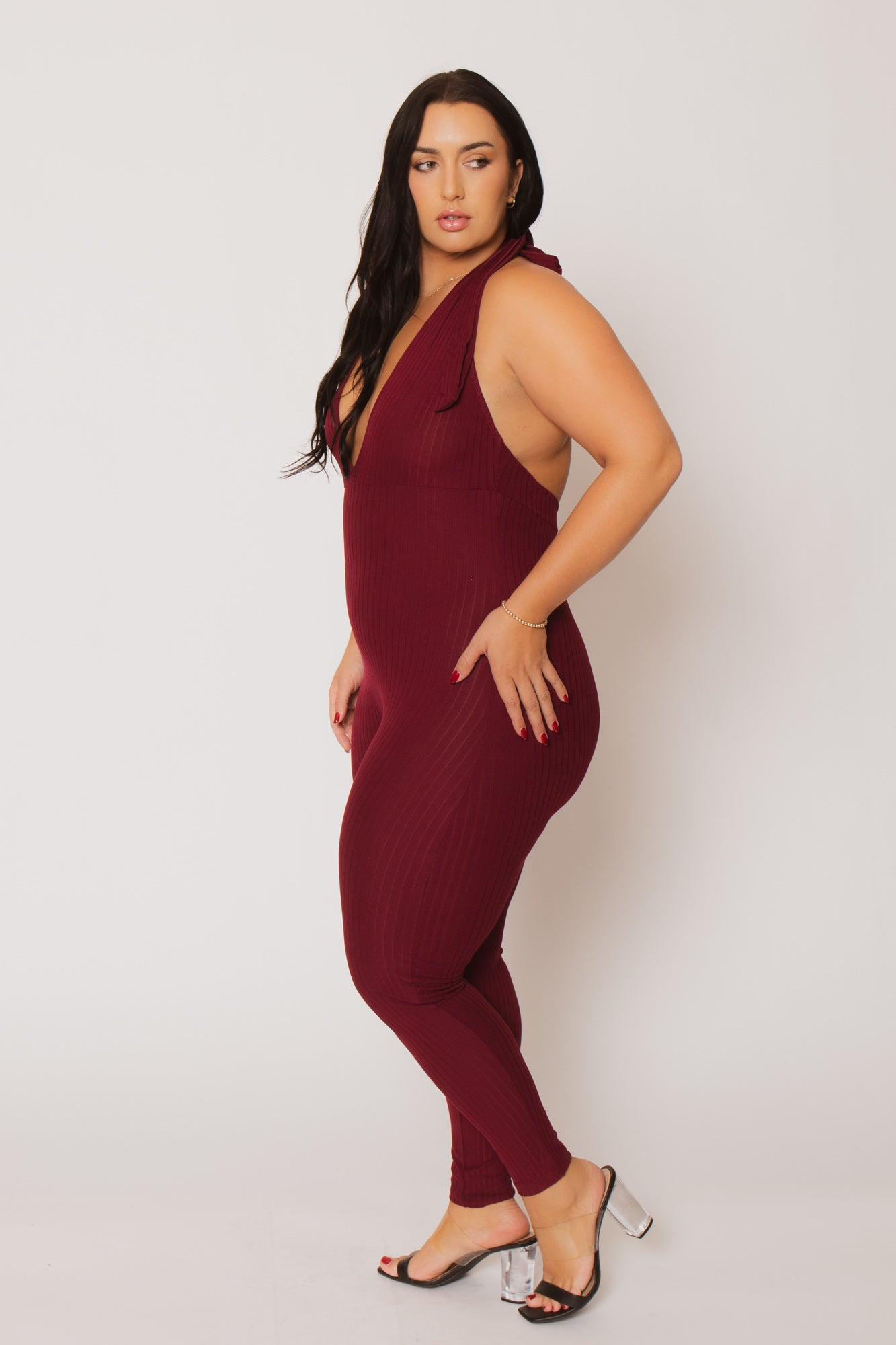 Plus Size Kiana Rib  Jumpsuit - Burgundy