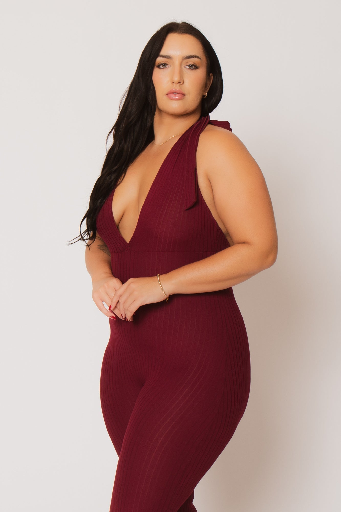 Plus Size Kiana Rib  Jumpsuit - Burgundy