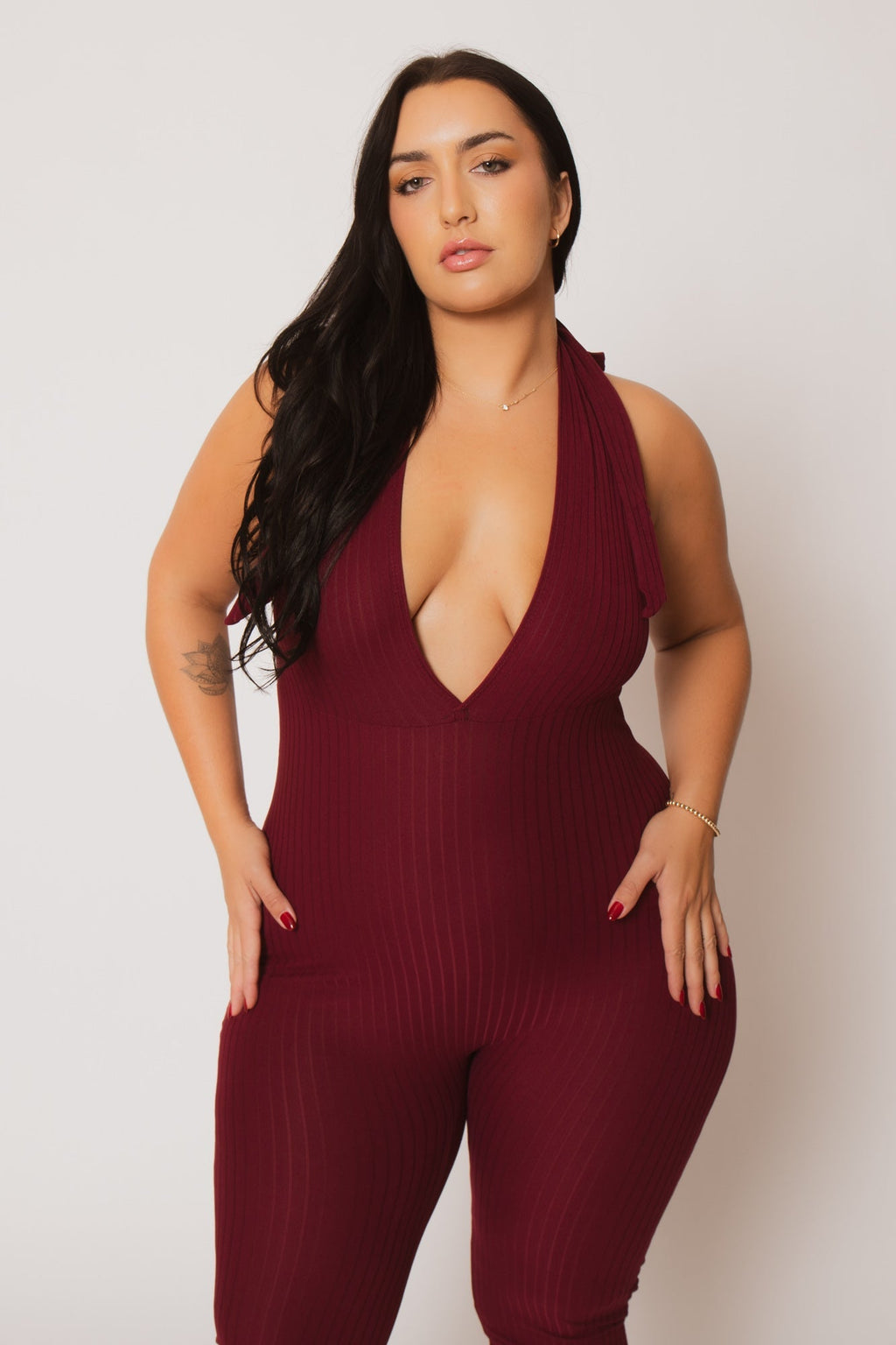 Plus Size Kiana Rib  Jumpsuit - Burgundy