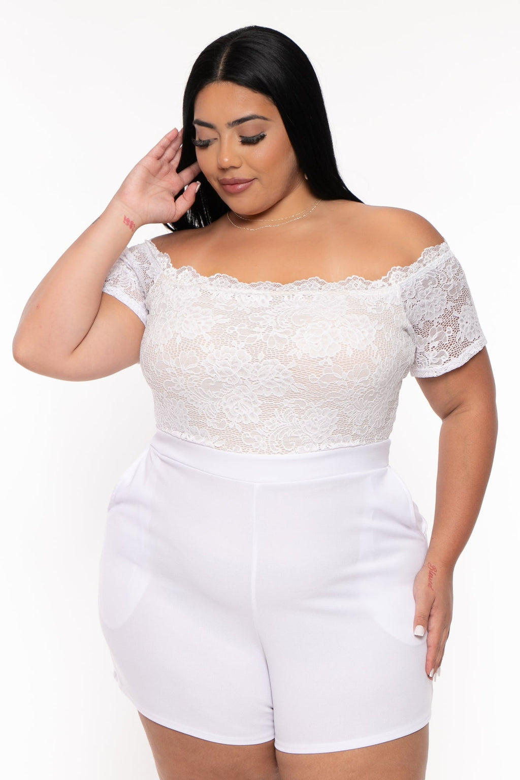 Plus Size Minnie Lace Top Romper - White