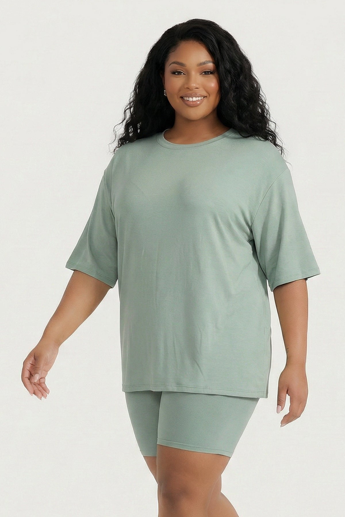 Plus Size Alex Tee And Biker Short Set - Sage