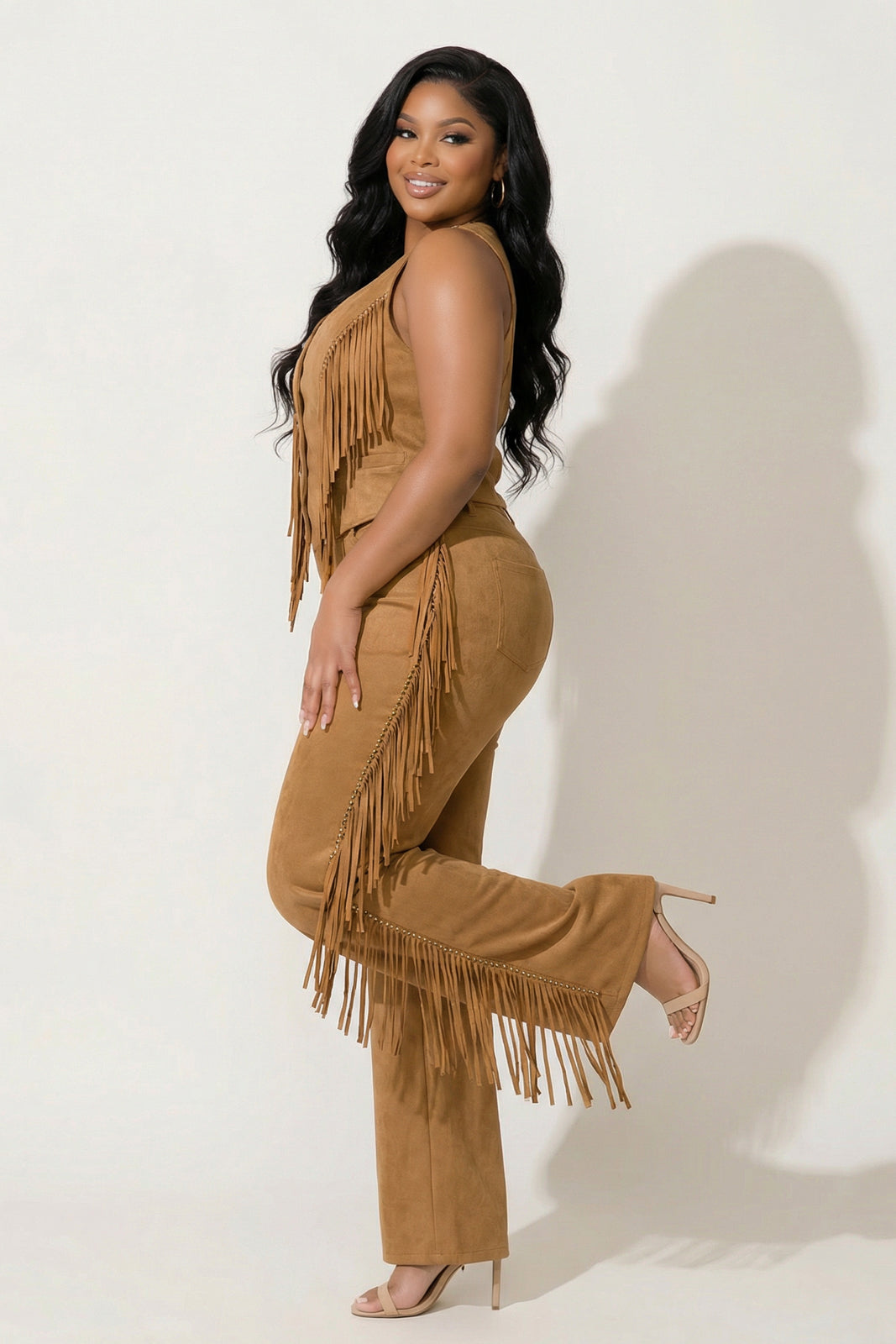 Plus Size Morgan Tassel Top & Pants Set - Camel