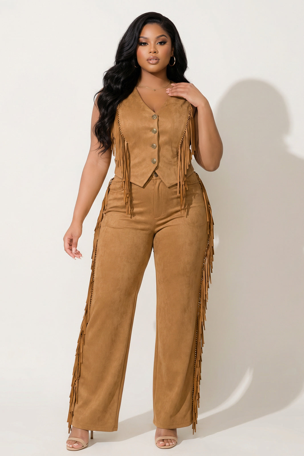 Plus Size Morgan Tassel Top & Pants Set - Camel