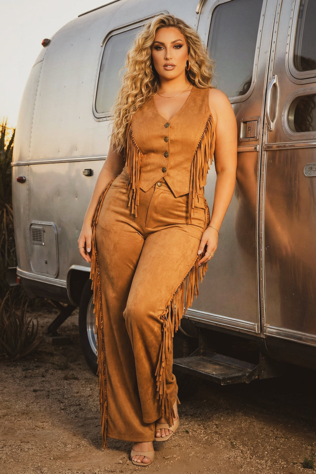Plus Size Morgan Tassel Top & Pants Set - Camel