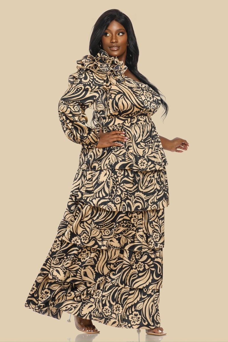 Plus Size Corsage One Sleeve ruffle maxi dress- Taupe
