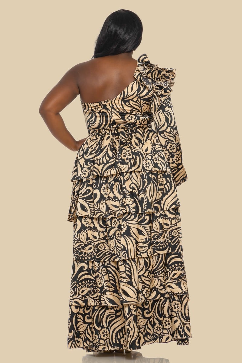 Plus Size Corsage One Sleeve ruffle maxi dress- Taupe