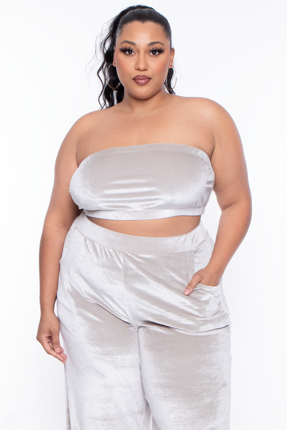 Plus Size Eloise Velour Bandeau & Pant Set - Stone
