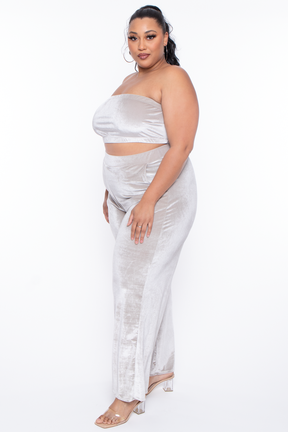 Plus Size Eloise Velour Bandeau & Pant Set - Stone