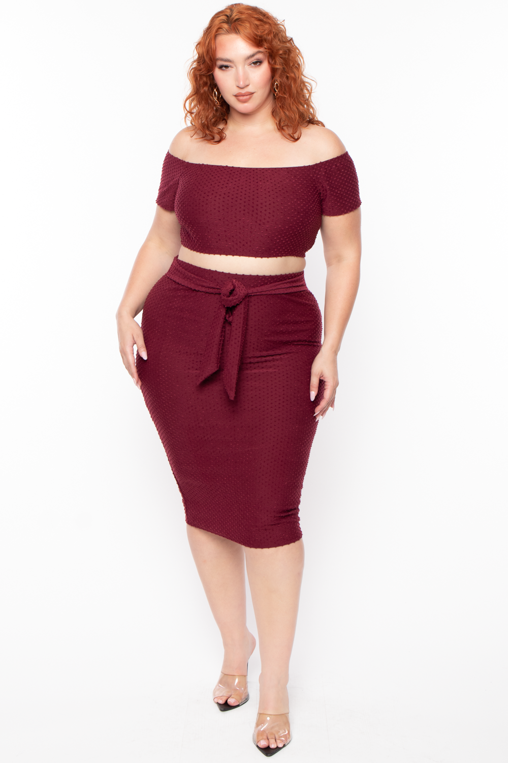 Plus Size Off The Shoulder Textured Matching Set - Burgundy