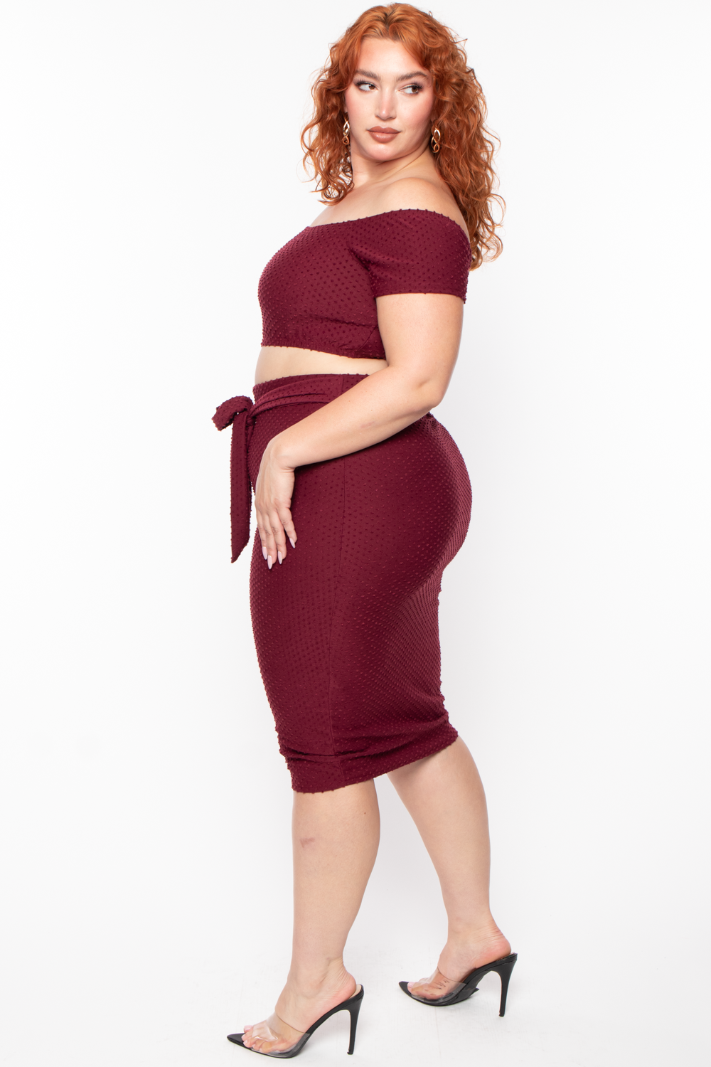 Plus Size Off The Shoulder Textured Matching Set - Burgundy