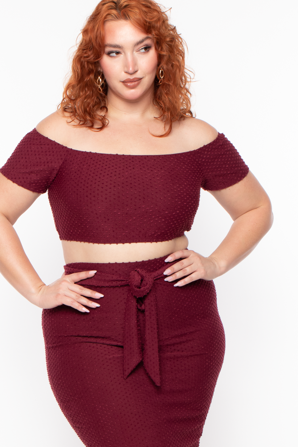 Plus Size Off The Shoulder Textured Matching Set - Burgundy