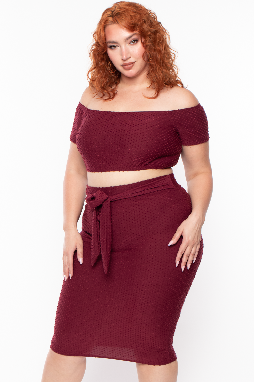 Plus Size Off The Shoulder Textured Matching Set - Burgundy