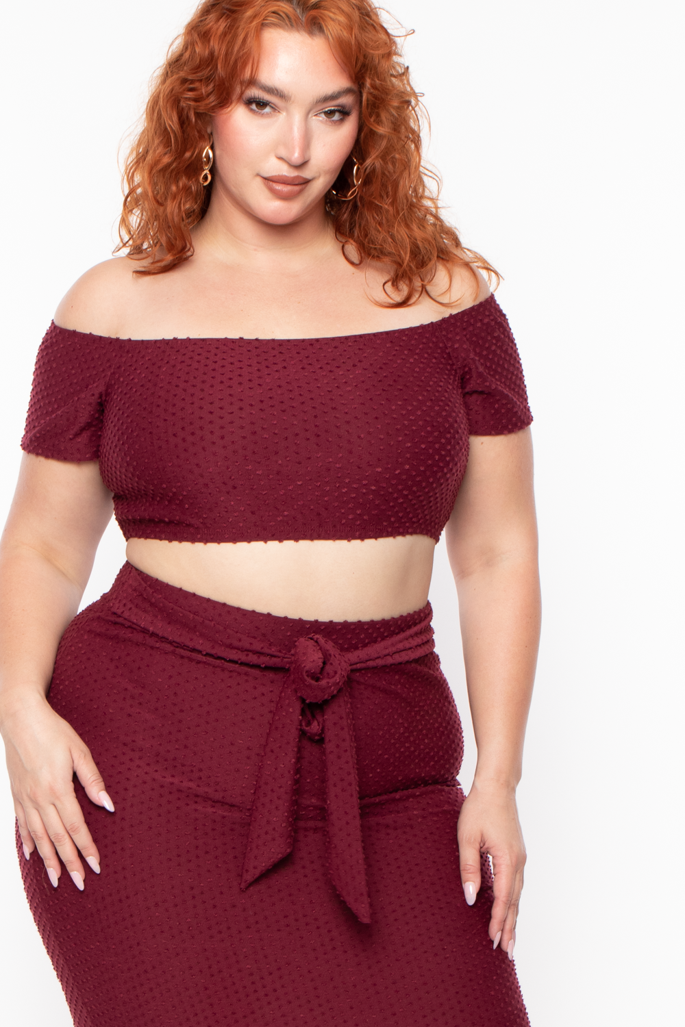 Plus Size Off The Shoulder Textured Matching Set - Burgundy