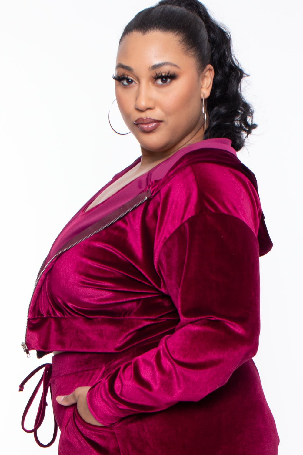 Plus Size Yvonne Velour Hoodie Jacket - Burgundy