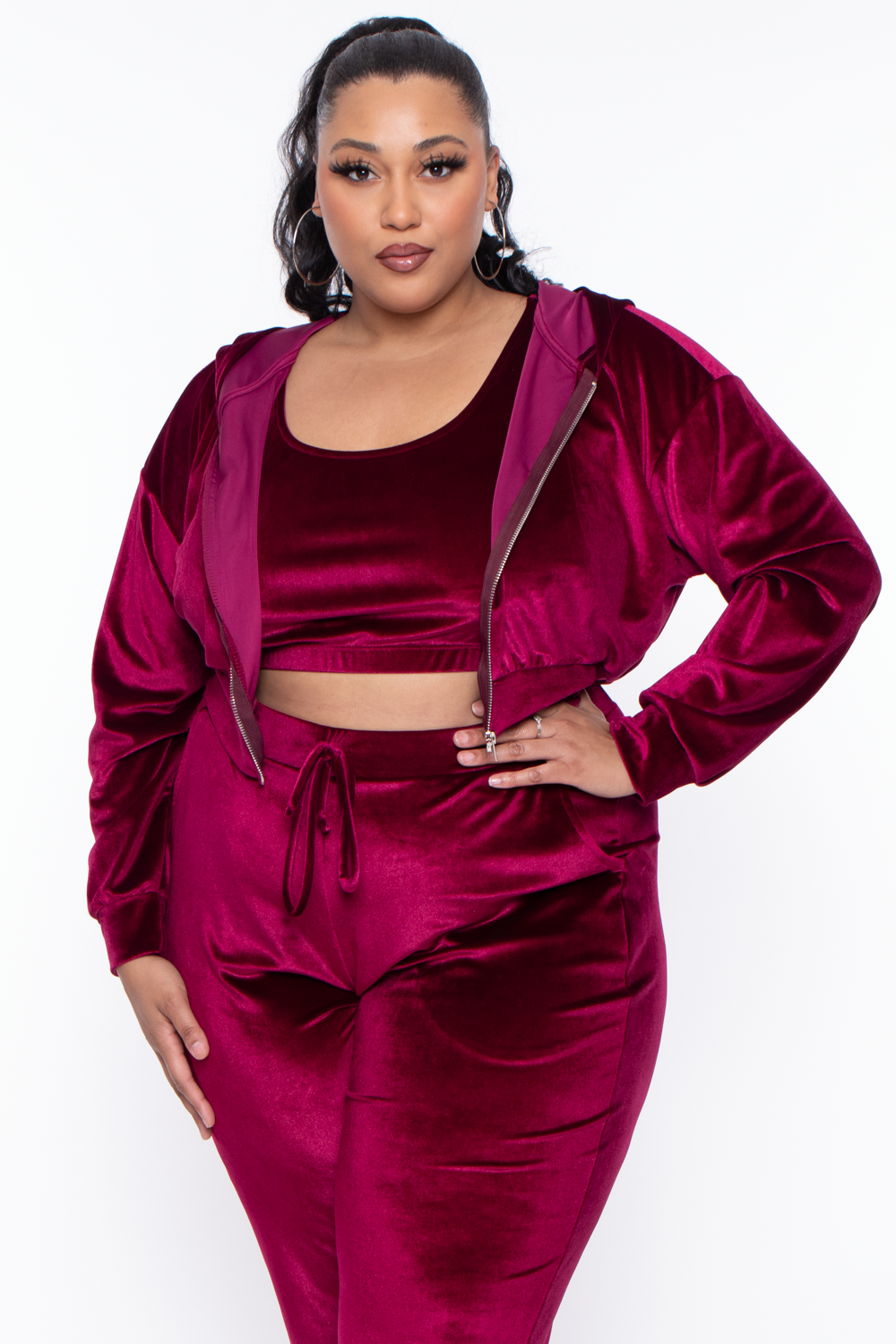 Plus Size Yvonne Velour Hoodie Jacket - Burgundy