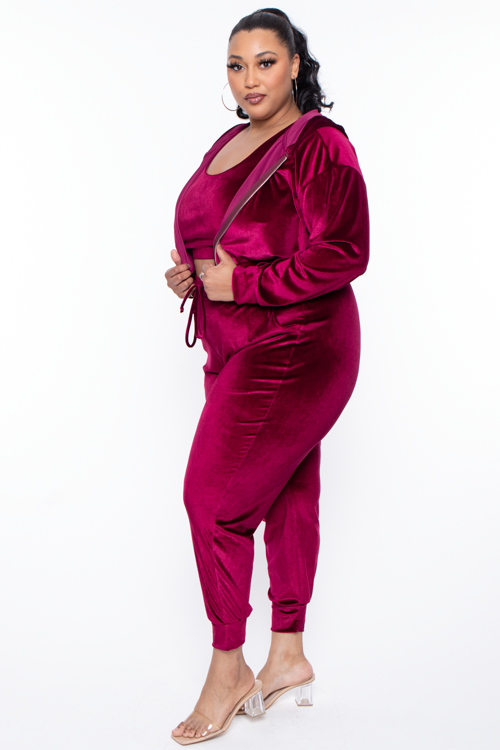 Plus Size Yvonne Velour Hoodie Jacket - Burgundy
