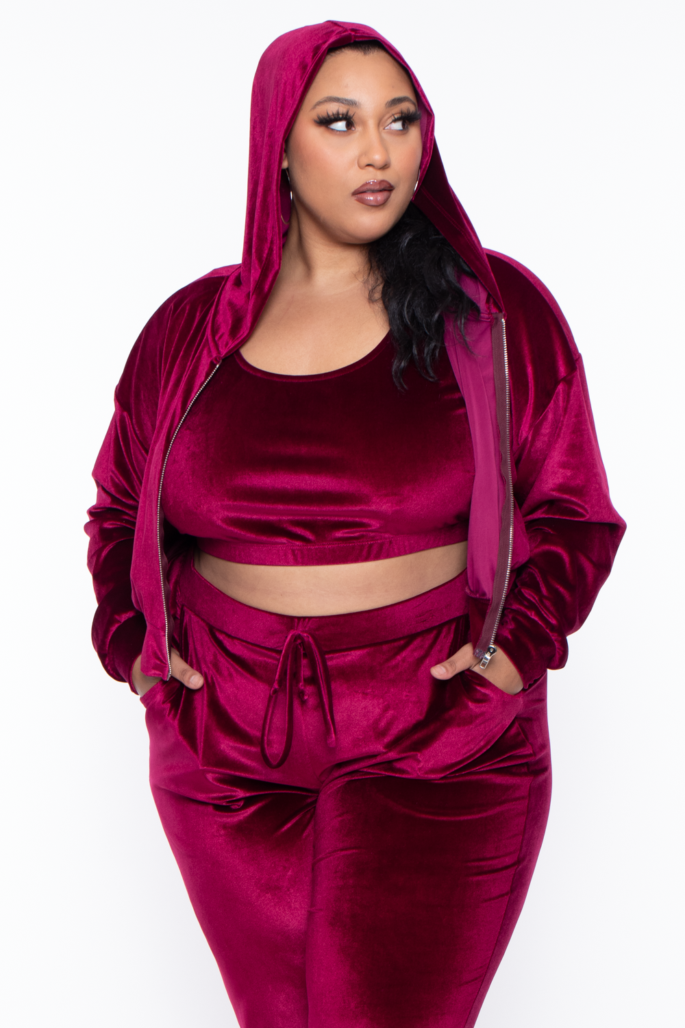 Plus Size Yvonne Velour Hoodie Jacket - Burgundy