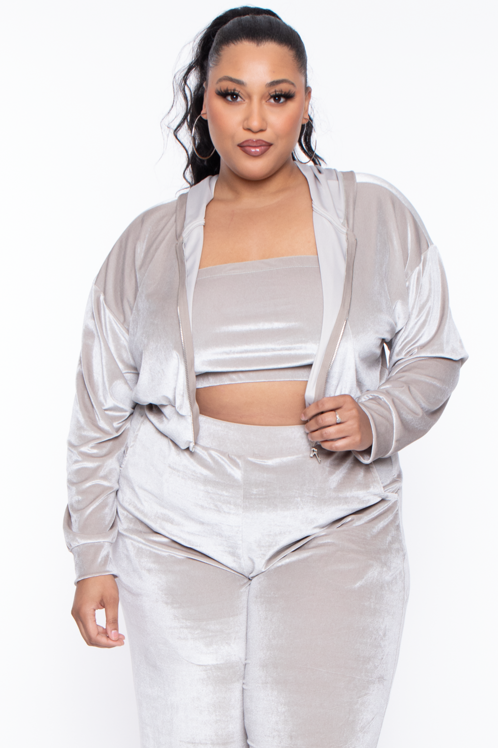 Plus Size Yvonne Velour Hoodie Jacket - Stone