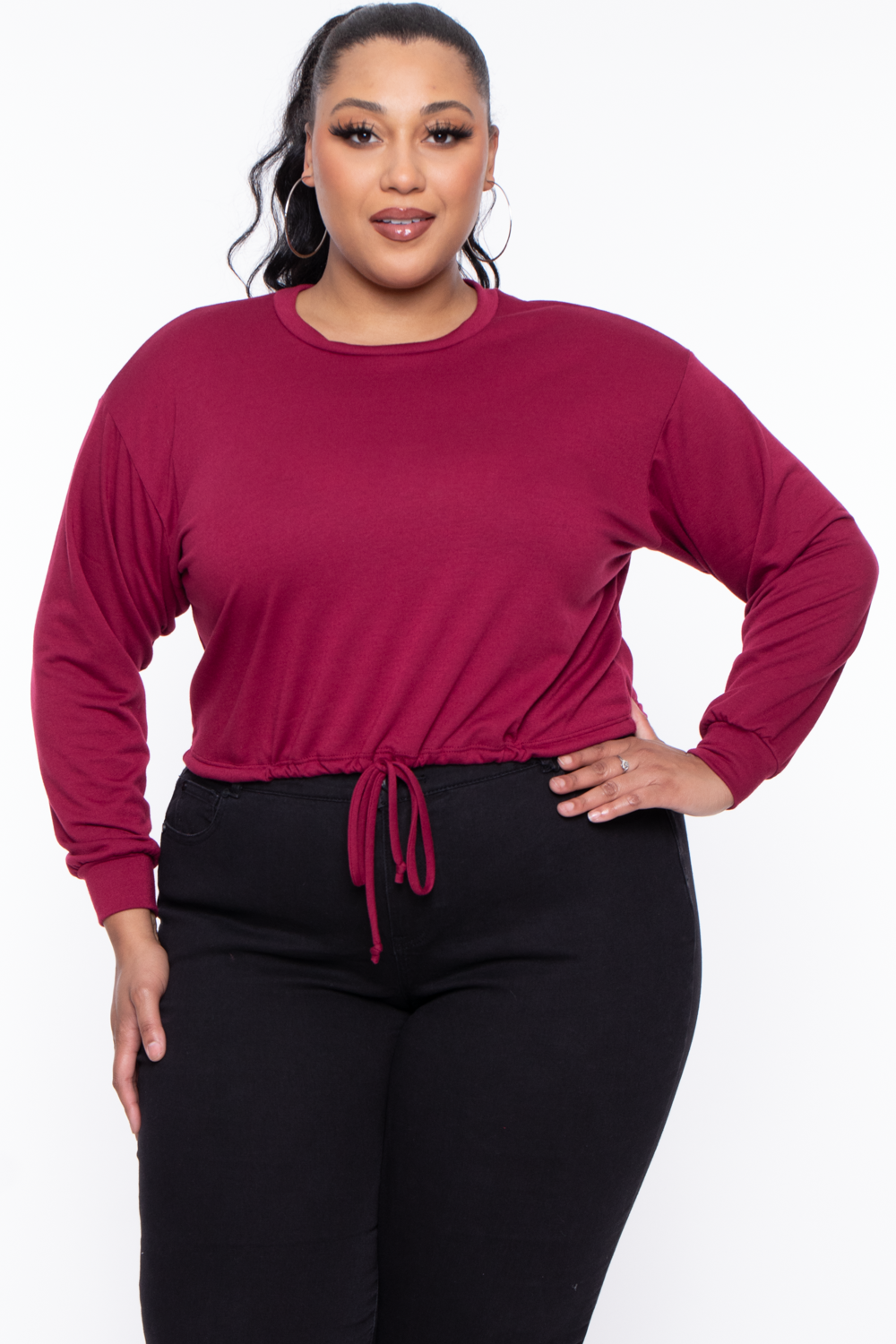 Plus Size Essential Cropped Pullover Sweatshirt - Burgundy