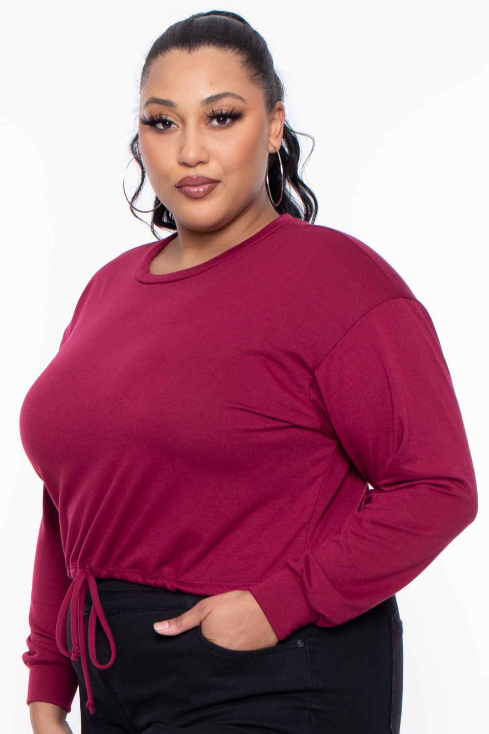 Plus Size Essential Cropped Pullover Sweatshirt - Burgundy