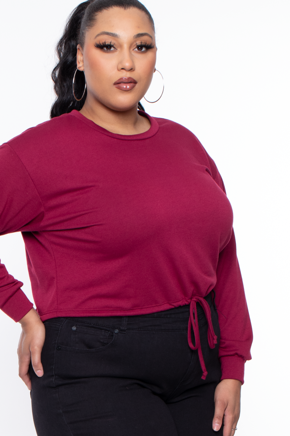 Plus Size Essential Cropped Pullover Sweatshirt - Burgundy