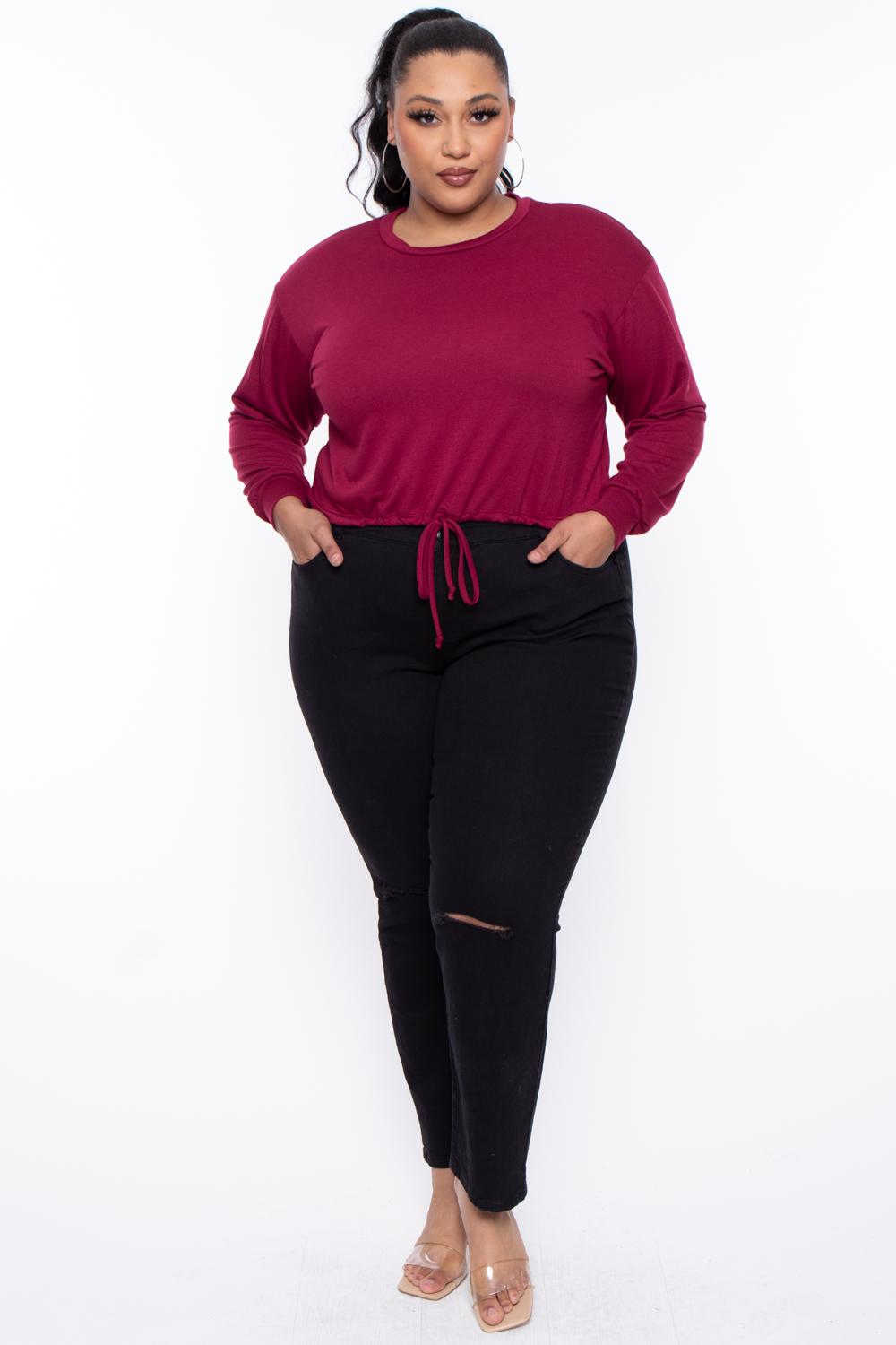 Plus Size Essential Cropped Pullover Sweatshirt - Burgundy