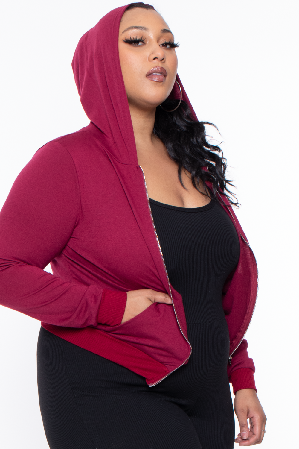Plus Size Essential Cropped Zip-Up Hoodie - Burgundy