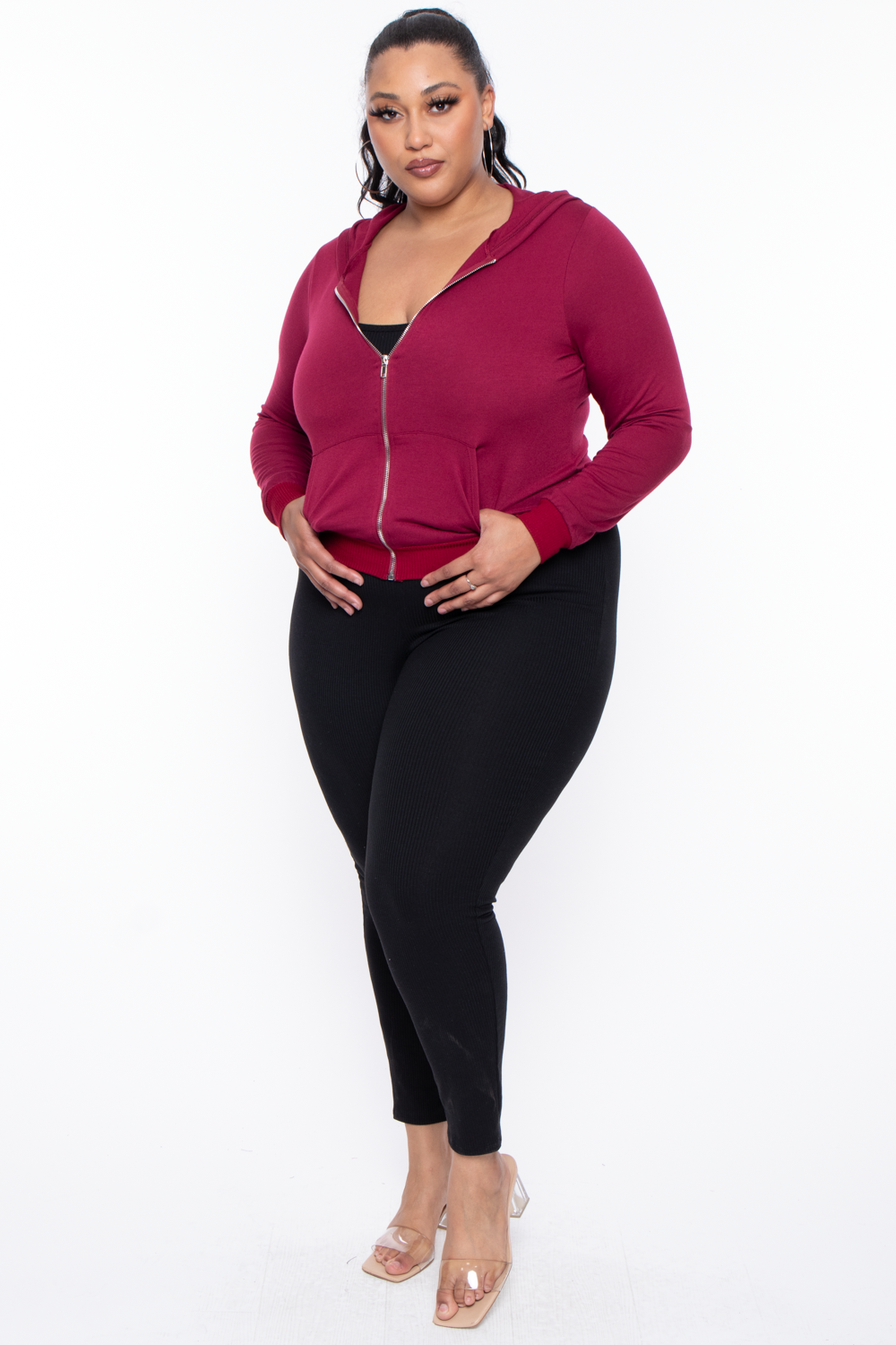 Plus Size Essential Cropped Zip-Up Hoodie - Burgundy