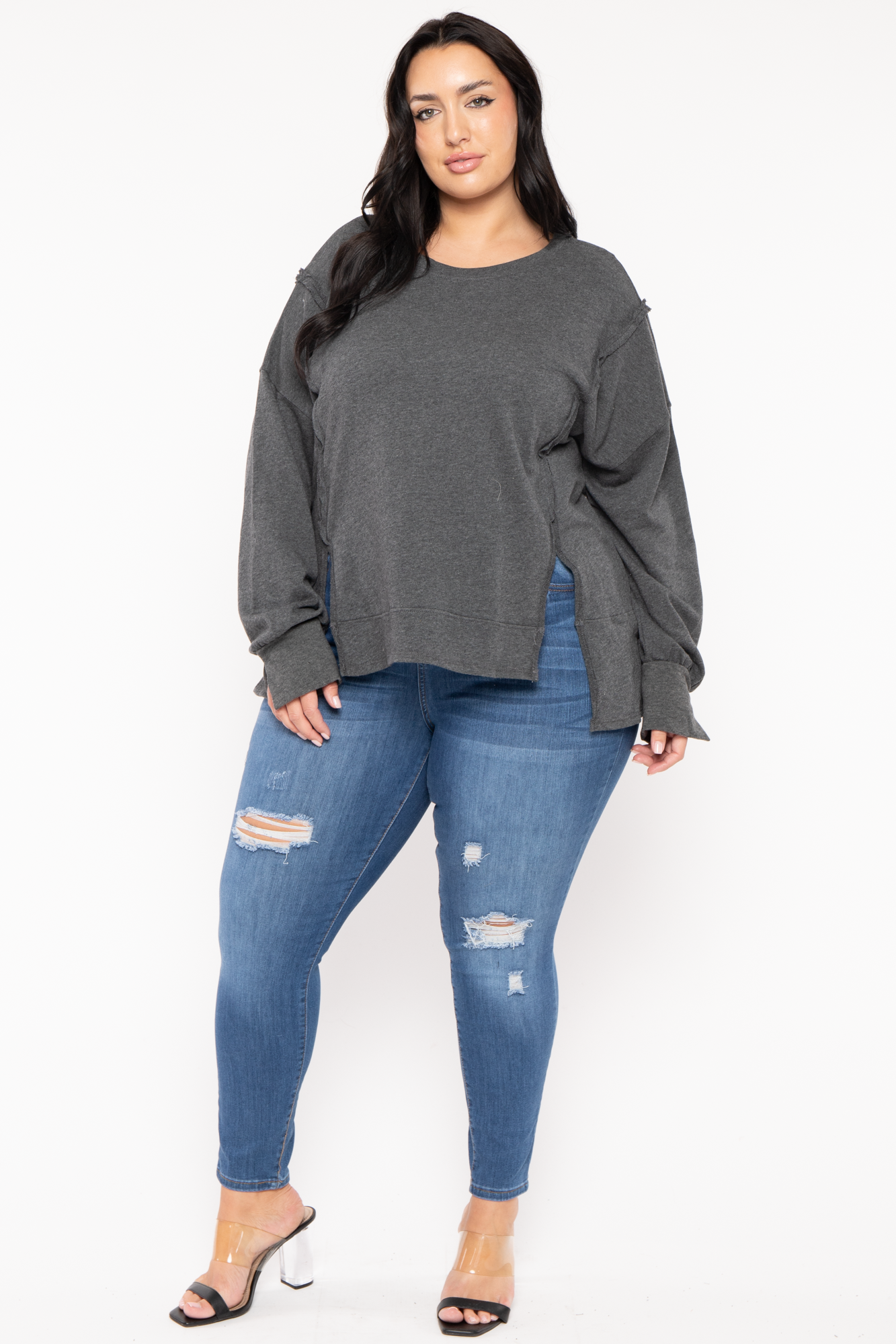 Plus Size Exposed Seam Sweater  - Charcoal