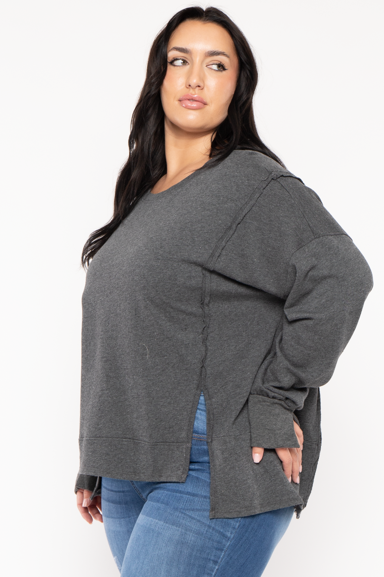 Plus Size Exposed Seam Sweater  - Charcoal