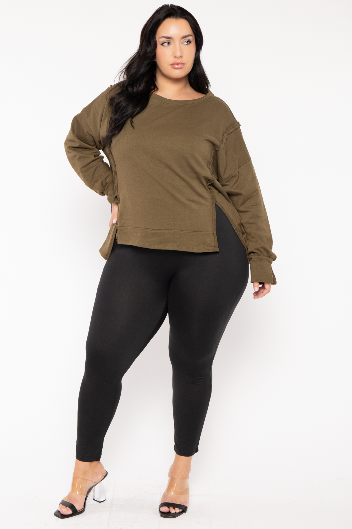 Plus Size Exposed Seam Sweater  - Olive
