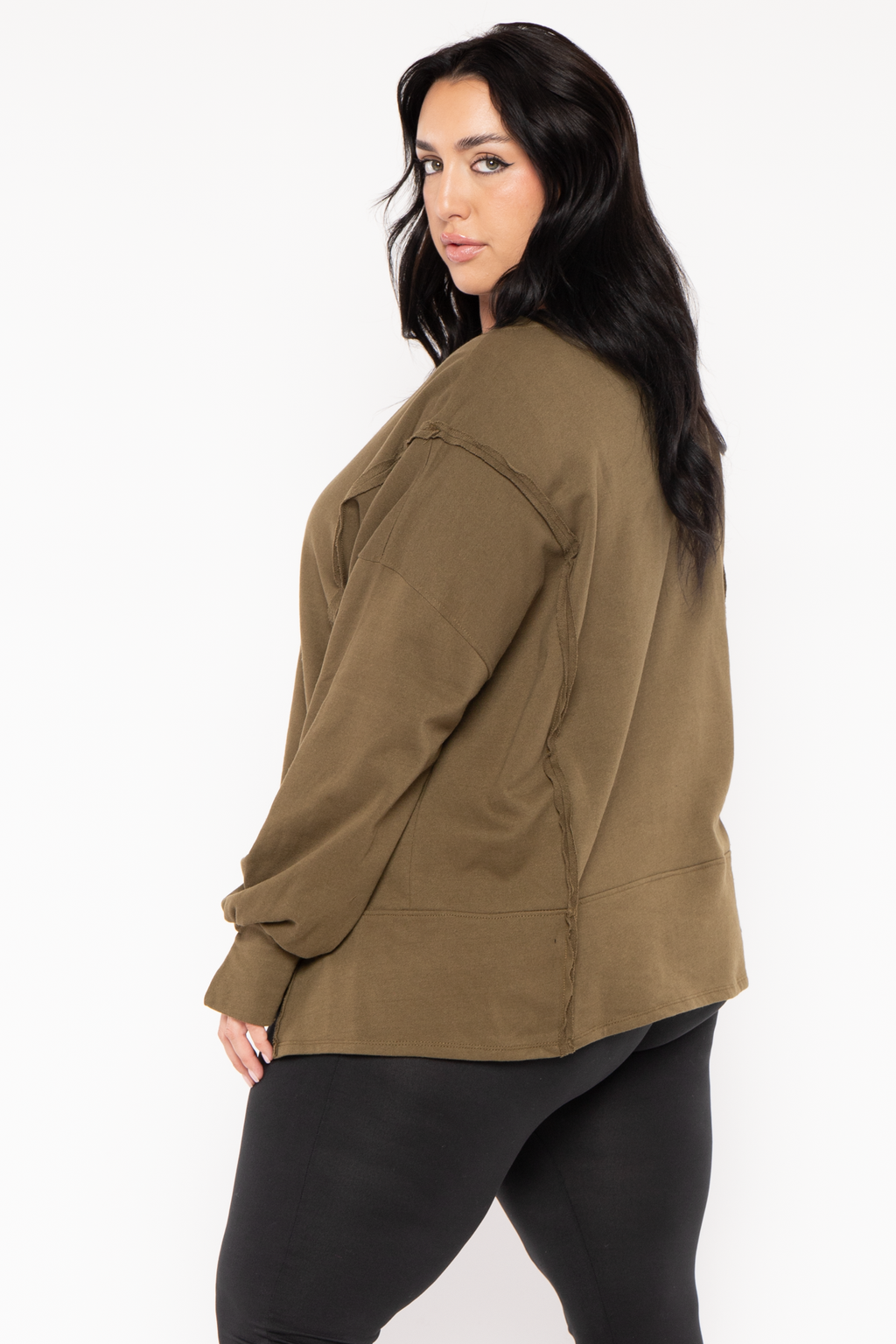 Plus Size Exposed Seam Sweater  - Olive