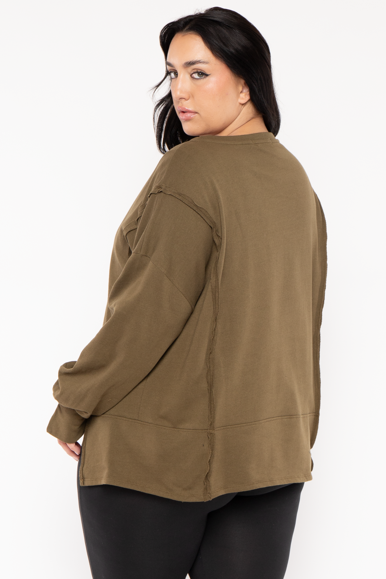 Plus Size Exposed Seam Sweater  - Olive