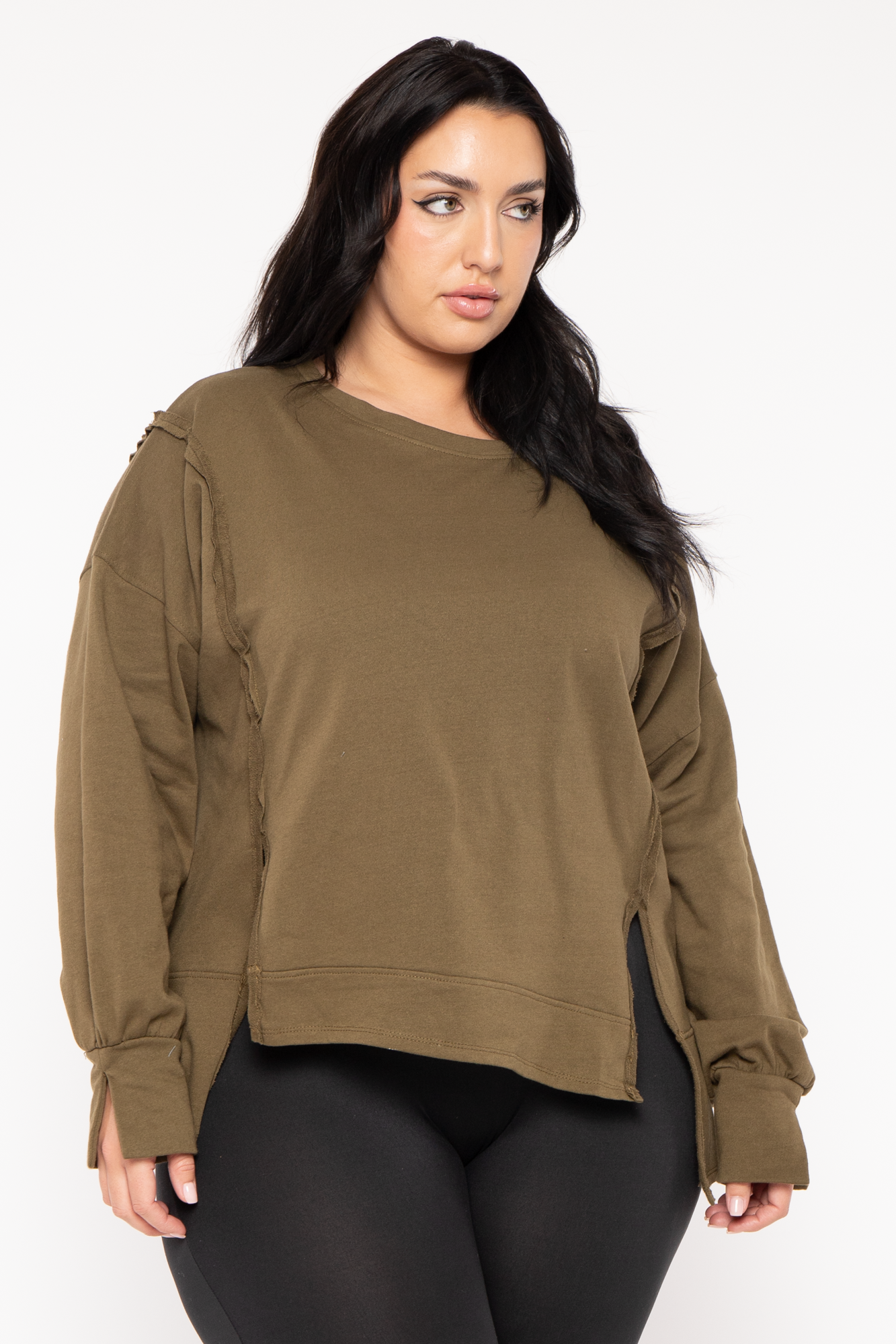 Plus Size Exposed Seam Sweater  - Olive