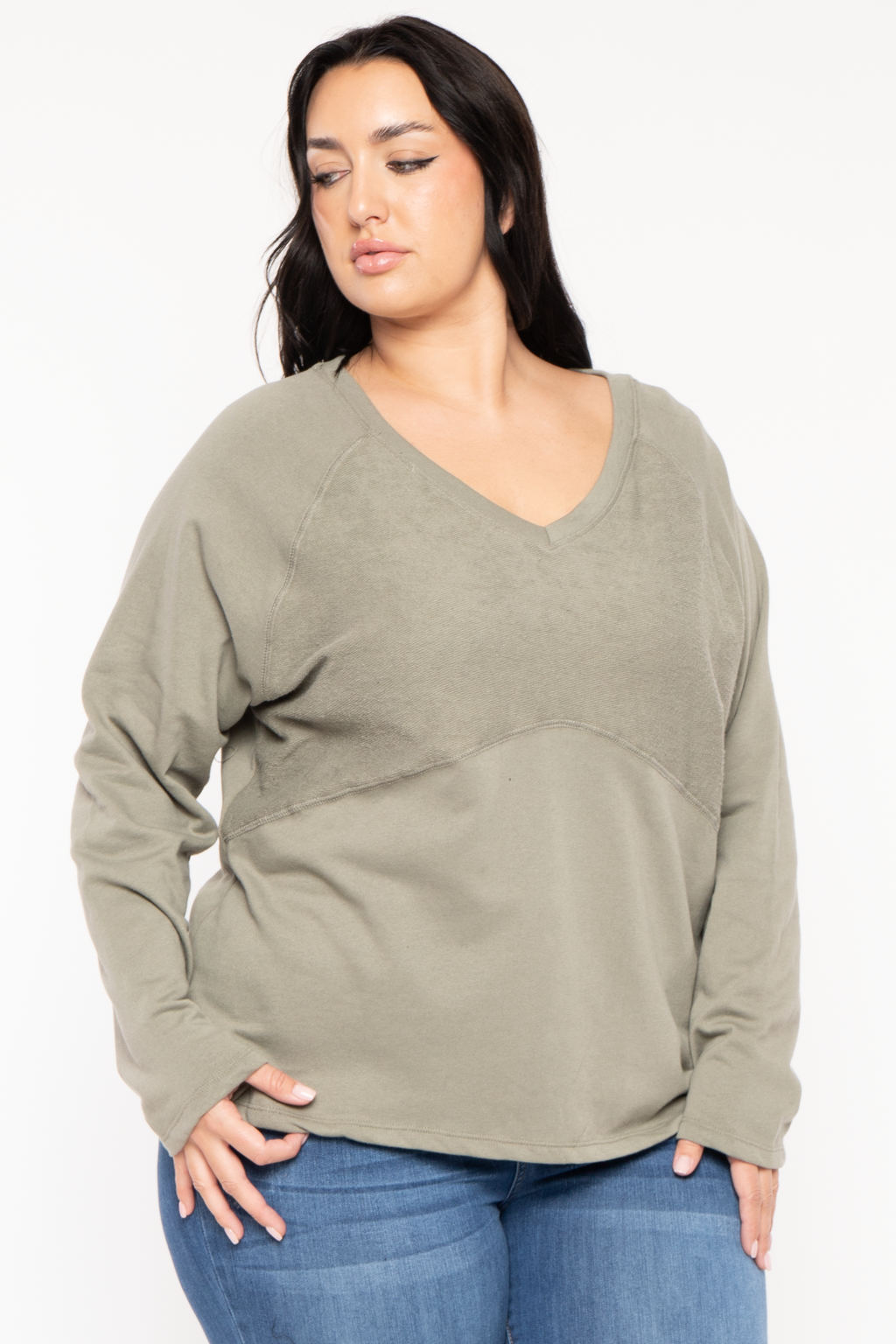 Plus Size Raglan Boxy Sweater  - Olive