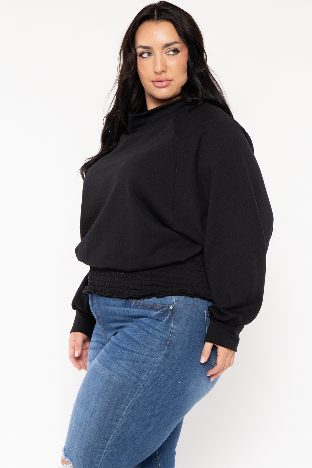 Plus Size Smocked Waist  Sweater - Black