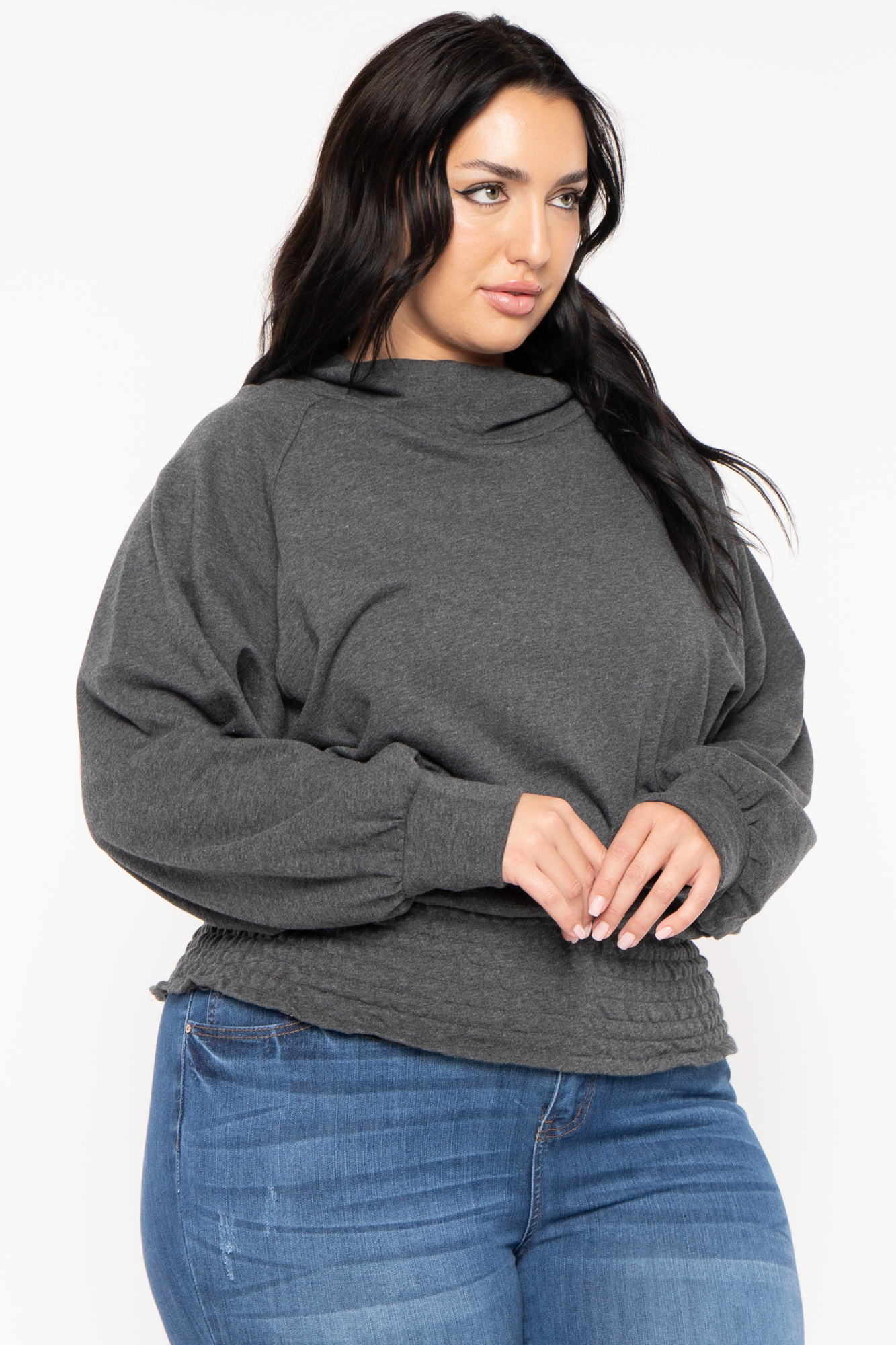 Plus Size Smocked Waist  Sweater - Charcoal