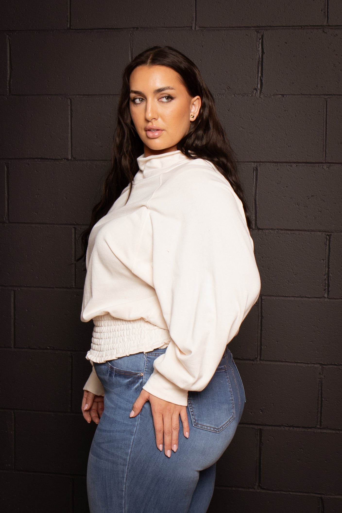 Plus Size Smocked Waist  Sweater - Cream