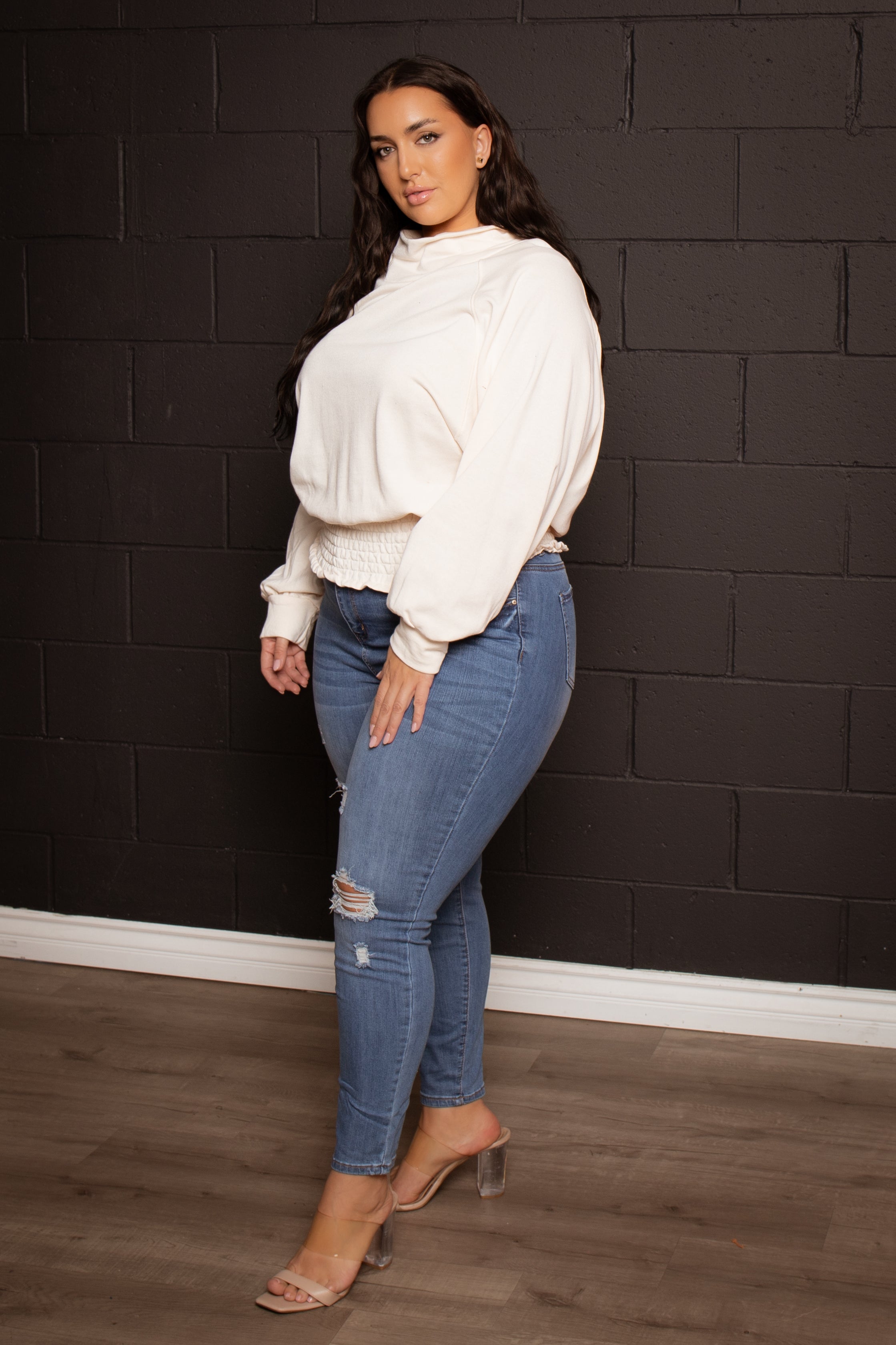 Plus Size Smocked Waist  Sweater - Cream