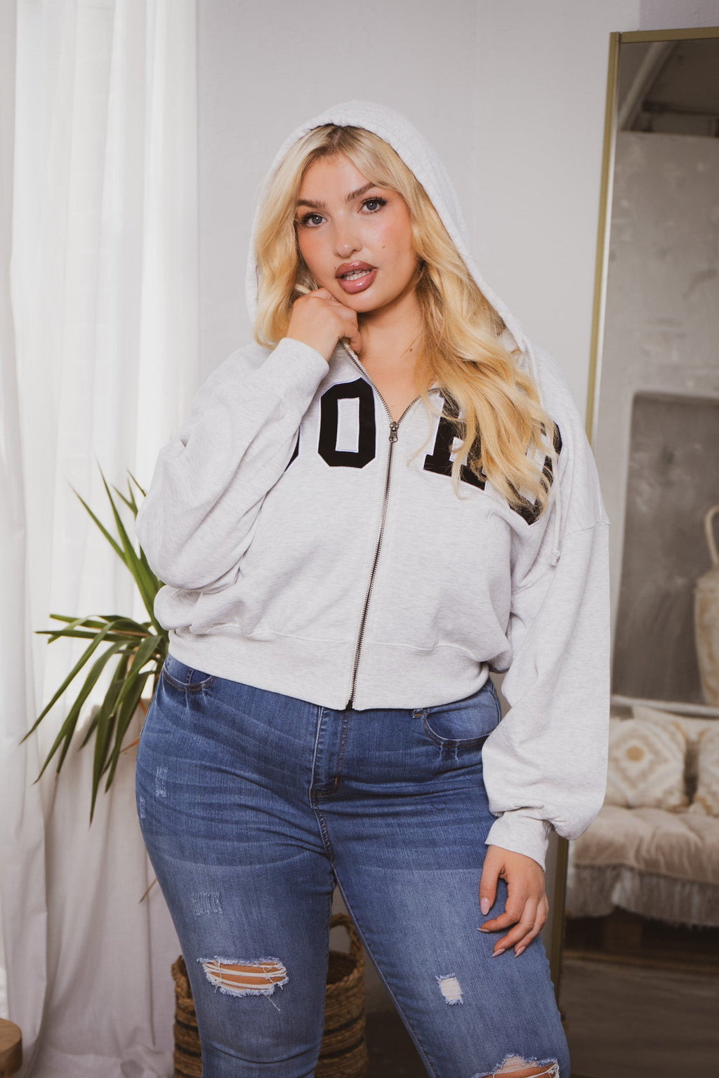 Plus Size Soho Crop Zip Up Hoodie - Heather Grey