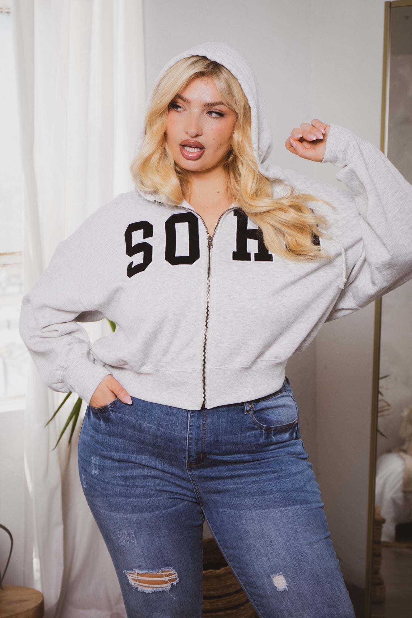 Plus Size Soho Crop Zip Up Hoodie - Heather Grey