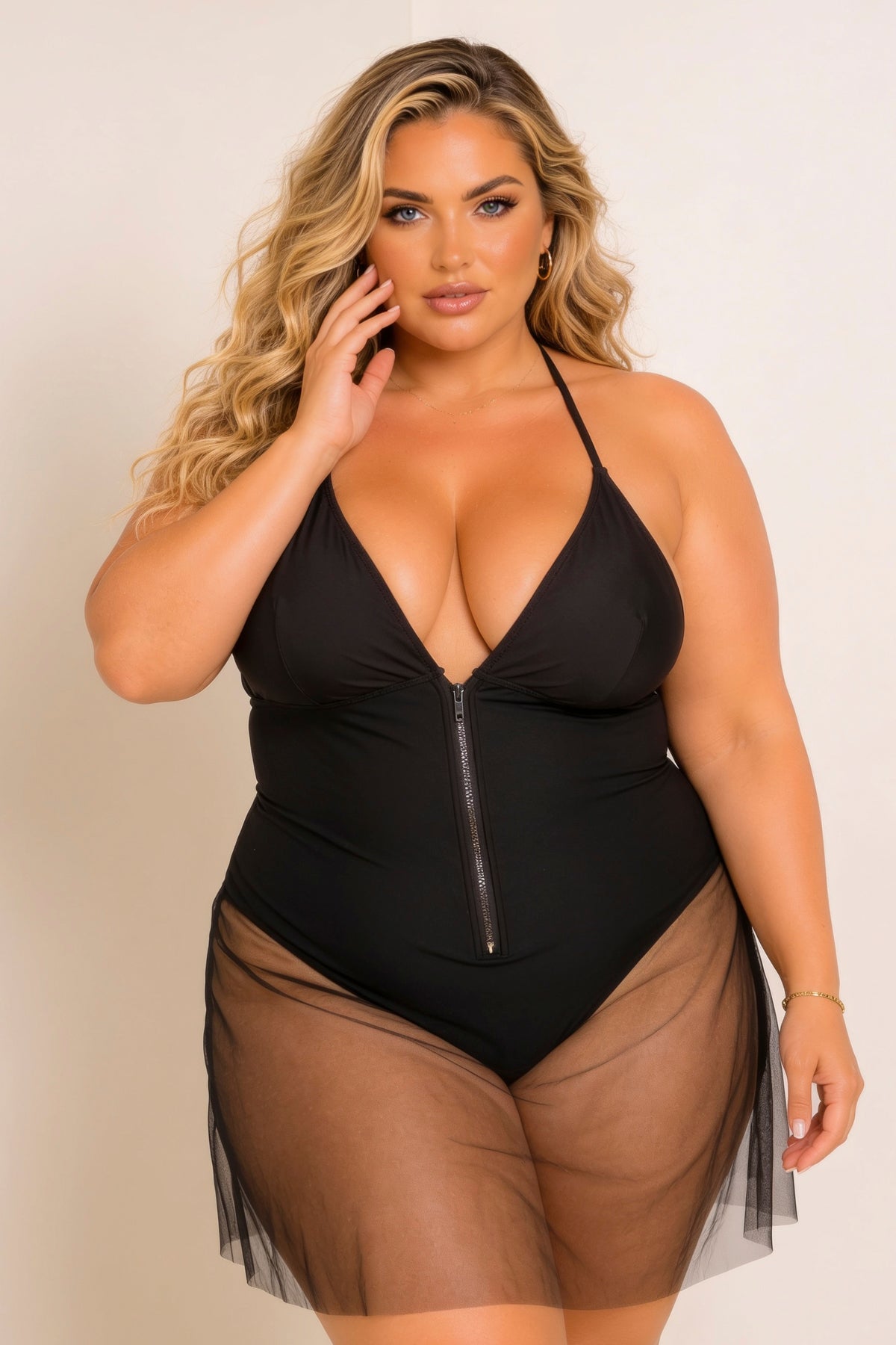 Plus Size Midnight Mesh Zip Swimsuit - Black