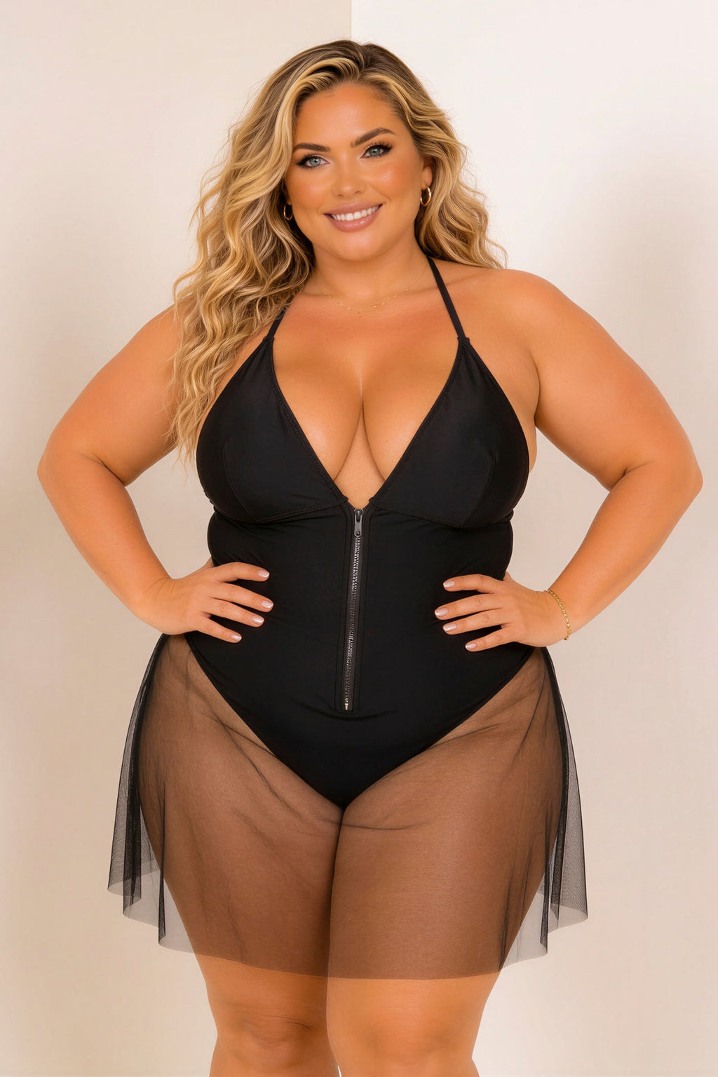 Plus Size Midnight Mesh Zip Swimsuit - Black