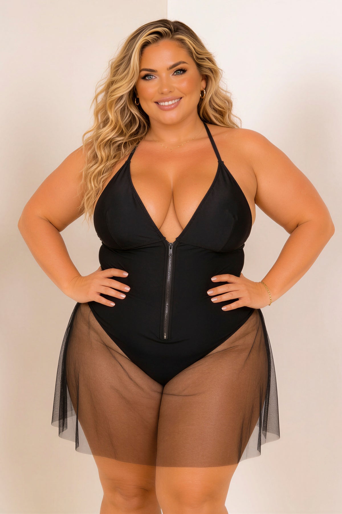 Plus Size Midnight Mesh Zip Swimsuit - Black