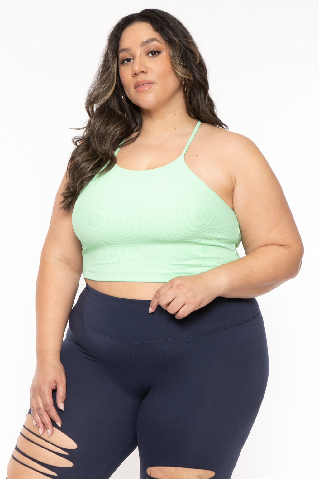 Plus Size Active Ribbed Halter  Top  - Green