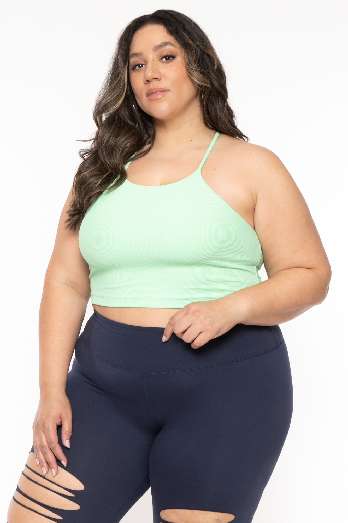 Plus Size Active Ribbed Halter  Top  - Green