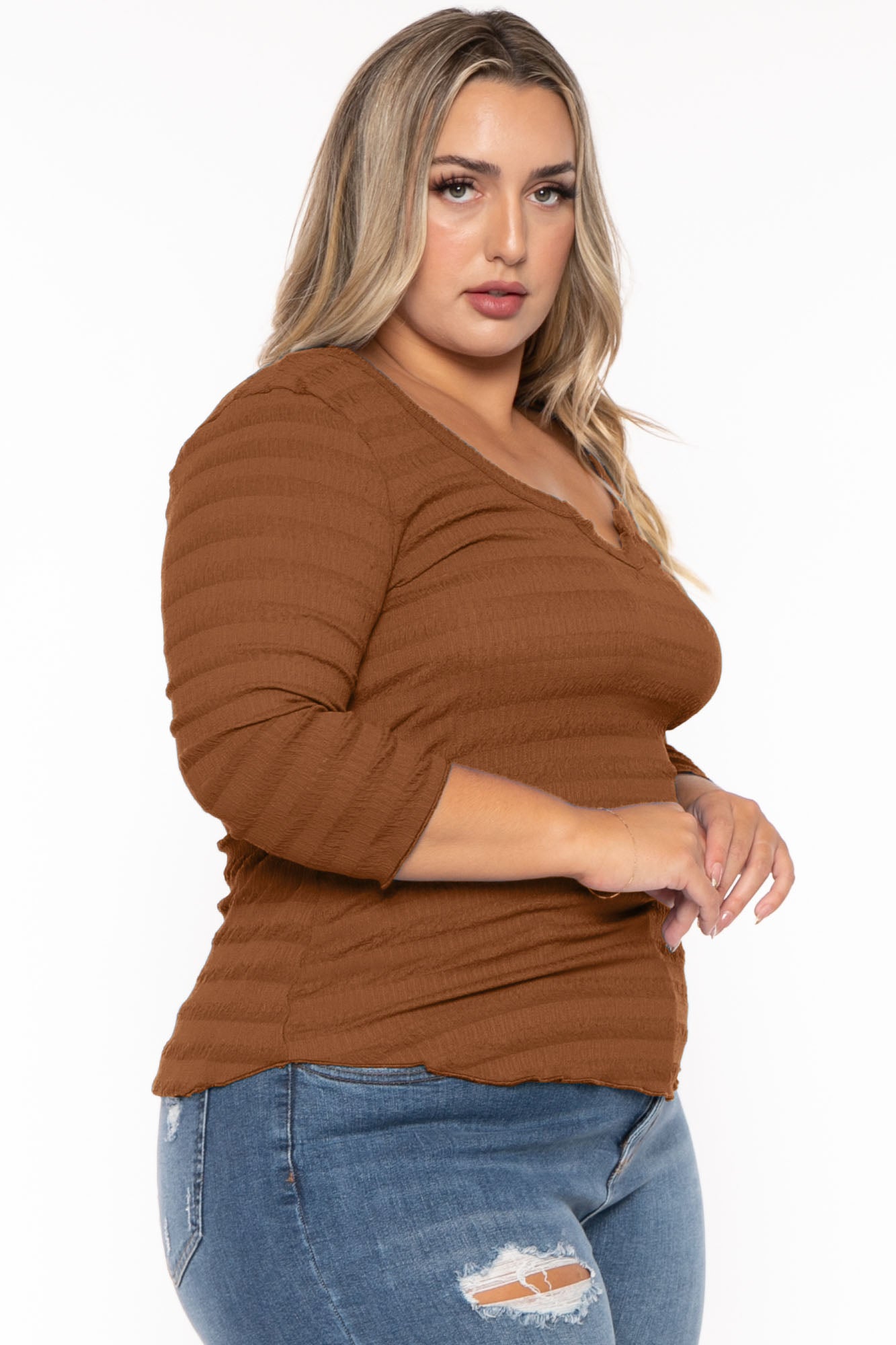Plus Size Agnes Notch Scoop Neck Top -Brown