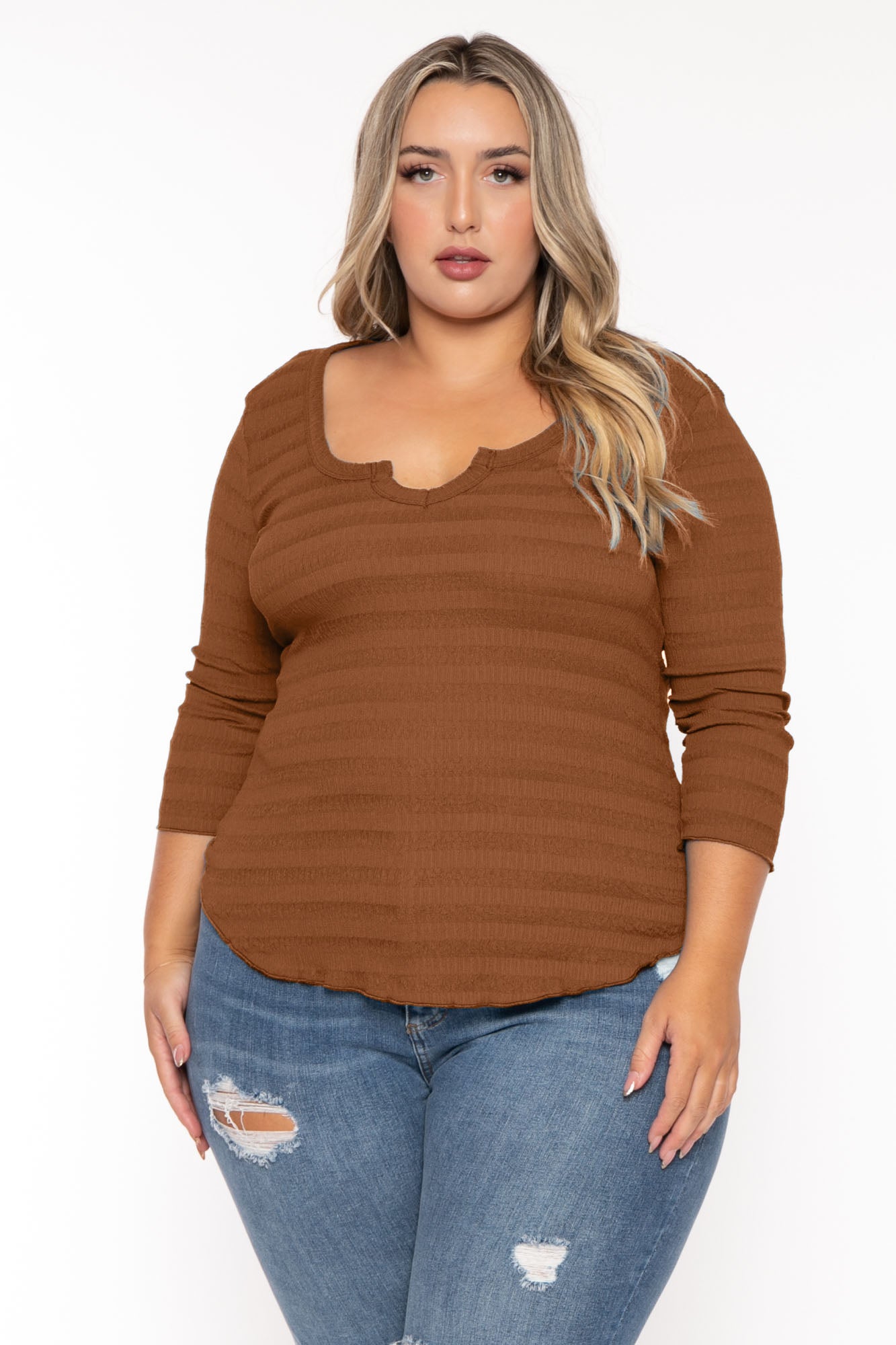 Plus Size Agnes Notch Scoop Neck Top -Brown